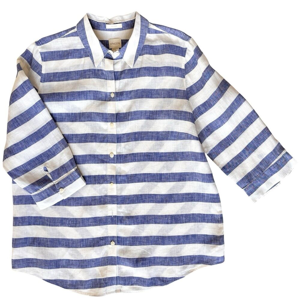 Chicos No Iron Linen Button Down Shirt Blouse. Sz 2 / L Striped 3/4 Sleeve